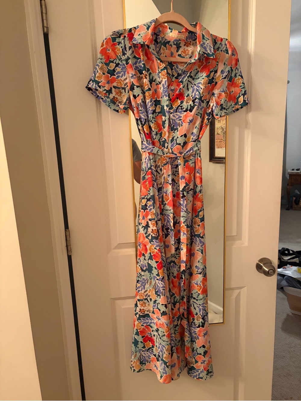 Floral Midi Dress in Coral & Blue Floral Print